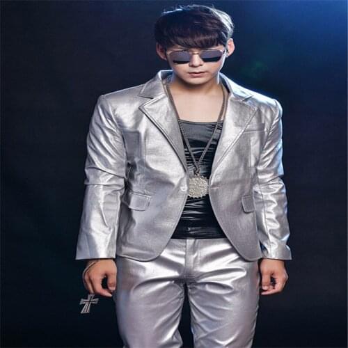 R63 Silver PU men suit singer stage performance wears dress dj host ballroom dance costumes party show model clothing outfits ds