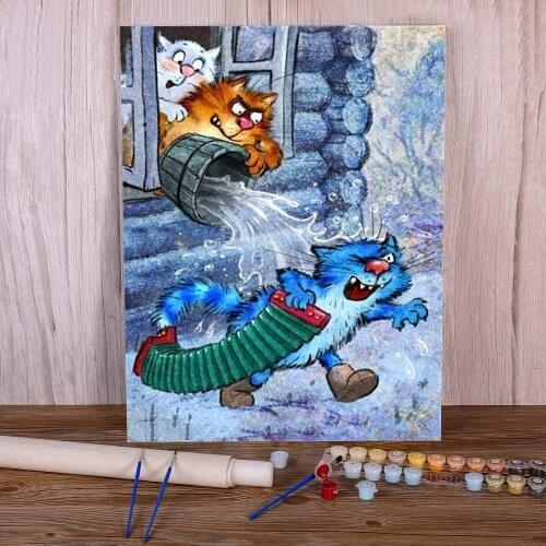 Cartoon Blue White Cat Paint By Numbers Kit Oil Paints 50*70 Canvas Painting Home Decoration Children Wholesale Handicraft