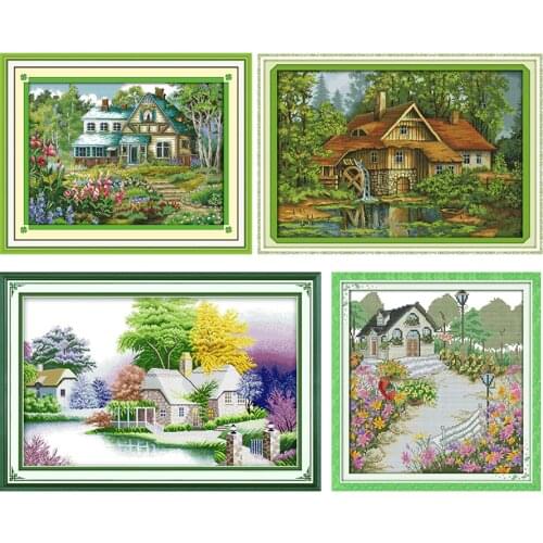 Joy Sunday Villa Landscape Series Counted Canvas Fabric Cross Stitch Kits 11CT 14CT Patterns Printed Needlework Embroidery Sets