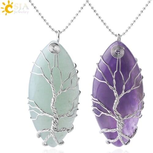 CSJA Natural Stone Marquise Shape Necklace Pendant Purple Crystal Lava Quartz Silver Color Wire Wrap Tree Women Men Jewelry F862