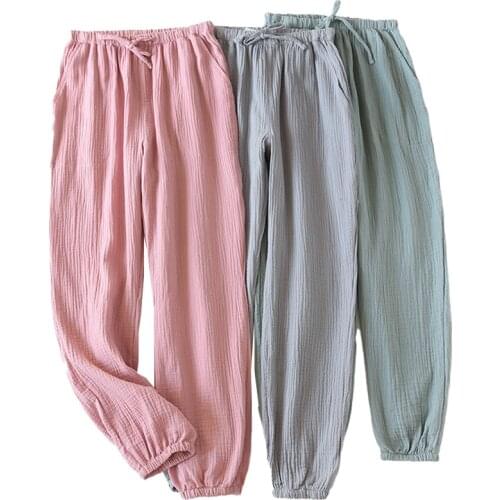 2021 Spring Autumn New Couples Solid Color Sleep Bottom Men Women Comfort 100% Gauze Cotton Pants Lovers Elastic Waist Trousers