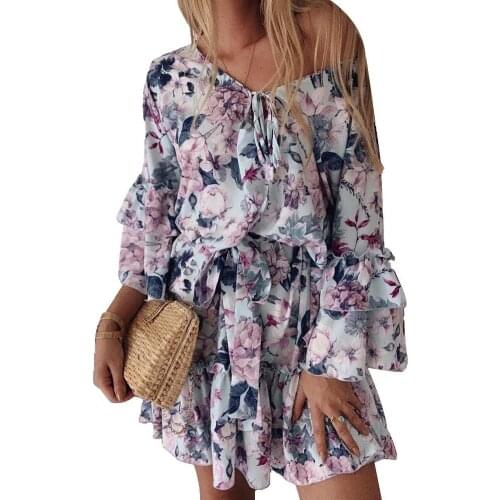 Plus Size Women Dress Spring Summer Sexy V Neck Long Sleeve Floral Print Ruffled Hem Bandage Party Mini Dress 2021