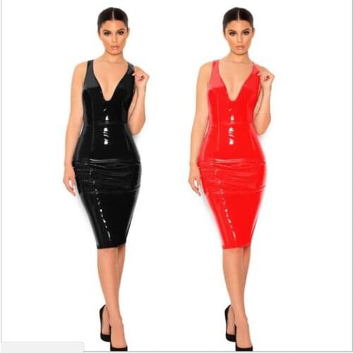 Plus Size Dress Sexy V neck PVC Wet Look Leather Dresses Women Red Black Knee Length Zipper Black Club Dress 4XL 5XL 6XL