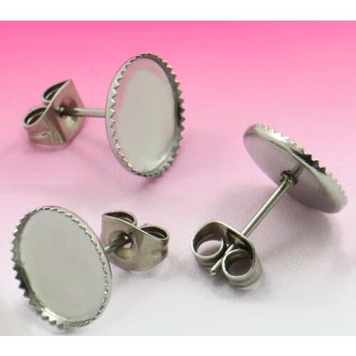 Blank Stainless Steel Stud Earrings Bases Settings 10mm Round Bezel CABs Ear Pins Earrings post with Ear Back Stoppers Findings