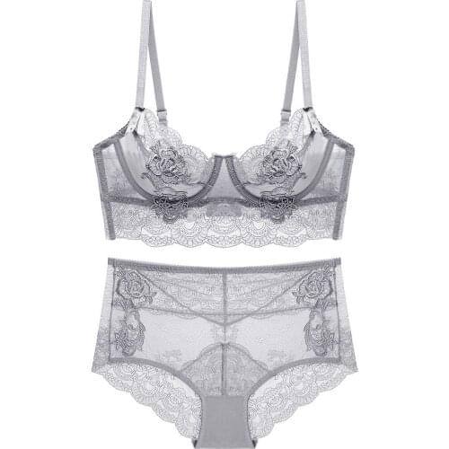 Plus Size Classic Pink Bra&Panties Set Lingerie Brassiere Lace Transparent Bralette Underwear Set Sexy Embroidery Flowers Girl