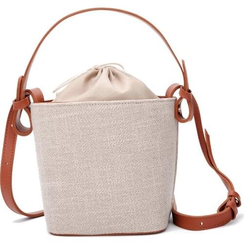 Casual Linen Drawstring Bucket Shoulder Bag Women Fashion Portable Small Purse Summer Girls Travel Shopping Phone Pocket Handbag