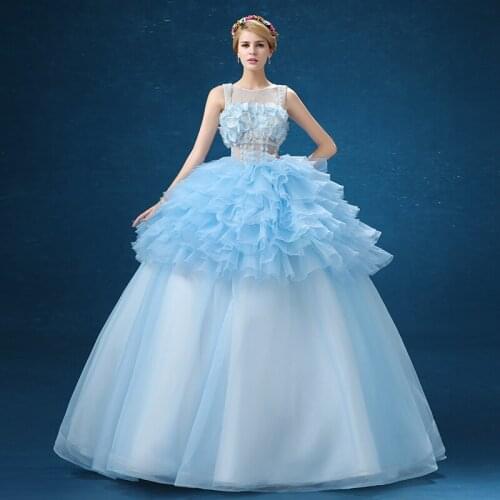 Light blue full flower shoulder beading luxury medieval dress ball gown siss princess Gown queen Cosplay Victorian Belle ball