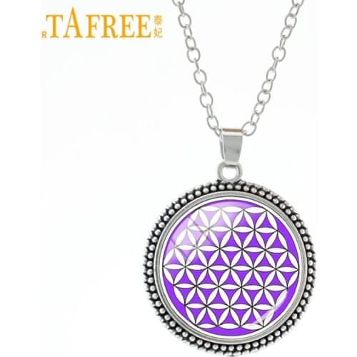 TAFREE Purple flowers make hexagons Necklace New Arrival choker Mandala Buddhism Symbol Art round Glass fashion jewelry H313