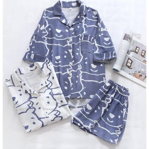 Women Summer Short Sleeve Pajamas Knitted Cotton Shorts Two-piece Pijamas Cartoon Bear Sleepwear Thin Loungewear Home Clothes