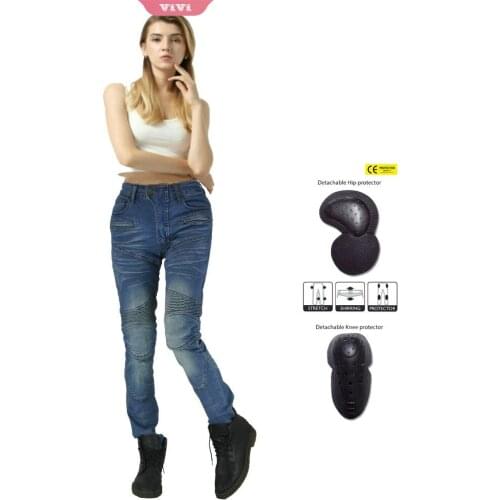 Womens Motorcycle Jeans Multi-pocket Cycling Pants Slim Fit Breathable Protective Lining With Pad