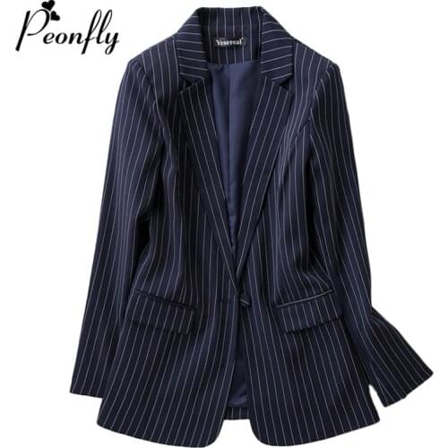 Fashion Striped Printed Blazer Women New 2020 Spring Casual Long Sleeve Coat Korean Style Single Button Blazer Feminino Blue