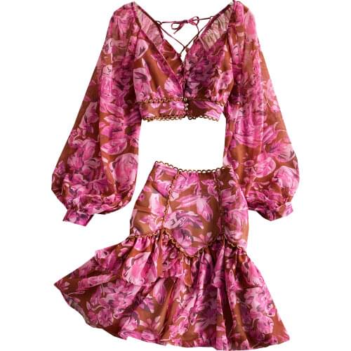 New Spring Autumn Vacation Sweet Floral Women Sets Sexy V-Neck Lantern Sleeve Short Chiffon Shirt And Mini Skirt Two Piece Set