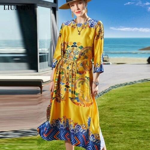 Spring Summer New Womens O-Neck Dress Chinese Style Wrist Sleeve High Waist Loose Silk Print A-line Party Dress Plus size M-4XL