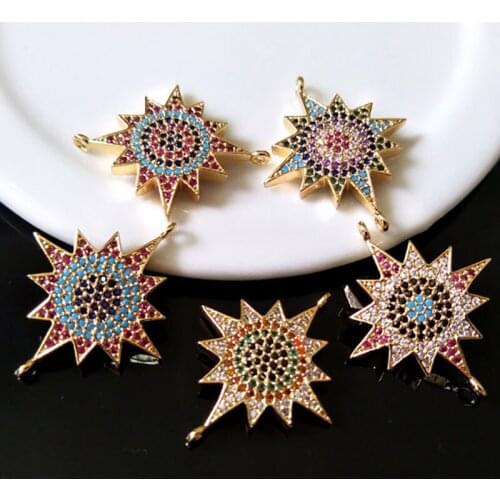 10Pcs Turkish Style Gold color Sun Flower Connector CZ zircon Micro pave crystal Charm DIY Bracelet necklace Jewelry making C175