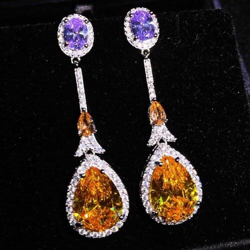 2021 New Design Trendy Jewelry Shinny Champagne Zircon Water Drop Long Earrings for Women 925 Silver Engagement Wedding Jewelry