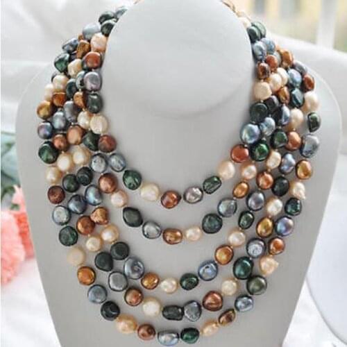8-9mm black coffee pink green baroque freshwater pearl necklace jj