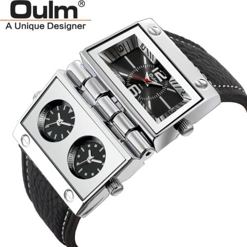 OULM New HP9525 Big Dual Dial Male Watch Three Time Zone Unique Mens Sport Watches Punk Style Leather Wristwatch