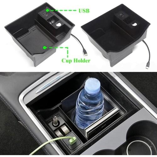For Tesla Model 3 Y 2021 Central Armrest Storage Box with USB Charging Port and Press Type Cup Holder