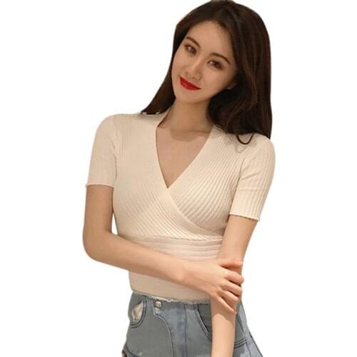 Womens Solid V Neck Streetwear Tee Summer Sexy Slim Exposed Navel Knitted Short Sleeve T-Shirt