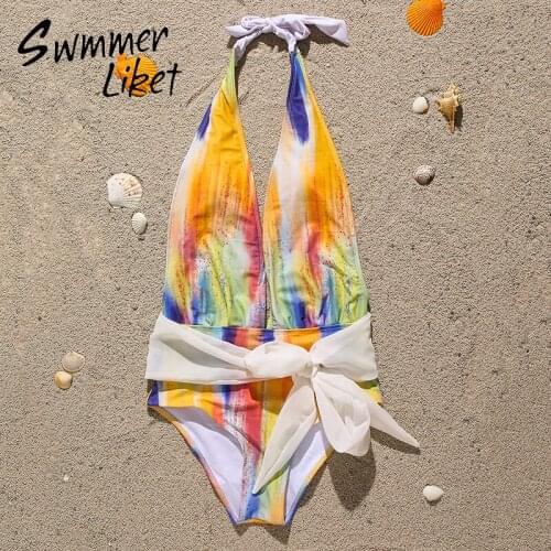 Halter monokini V-neck one piece swimsuit women Mesh bandage swimwear Sexy bathing suit female bathers Backless bodysuit 2020