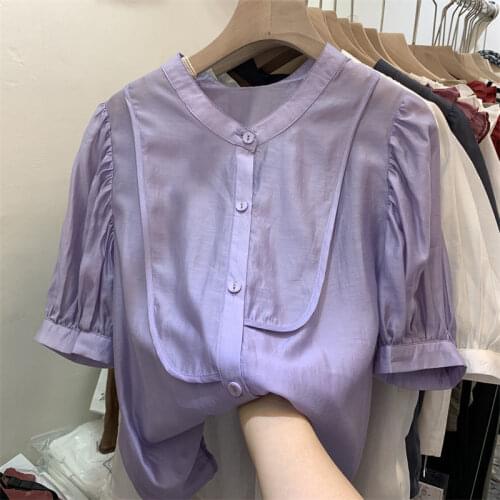 2021 summer new stand collar Short Sleeve Chiffon shirt blouse purple bubble sleeve imitation Tencel shirt