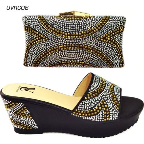 2021 New Arrival Fashionable Italian design Black Shoes with Matching Bags for Women Luxury Shoe Decorated with Rhinestone