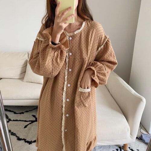 Autumn winter polka dot nightgowns long sleeve ruffles single breasted midi sleepwear dress woen cotton loose nightdress Y136