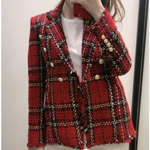 Women vintage jackets Tweed women red plaid blazers winter fashion female patchwork blazer coats girls chic outfit clothes