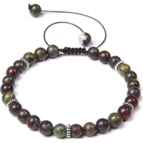 Natural Bloodstone Bracelets Men Black Rope Adjustable Bangle Silver Color Charm 6 mm Agat Beads Pulsera Women Yoga Prayer Mala