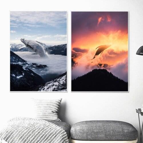 Surrealism Ice And Fire Whale Nordic Poster And Prints Landscape Canvas Painting Wall Pictures For Living Room Home Decoration