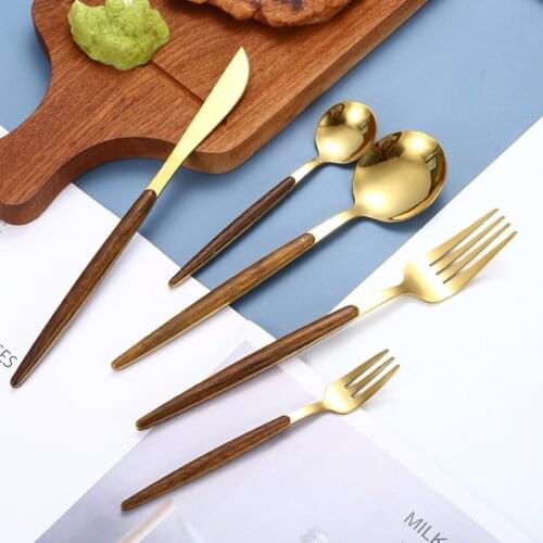 Japanese Korean Style Tableware Imitation Wood Grain Handle Glossy Stainless Steel Western Food Dessert Cutleries Kitchen
