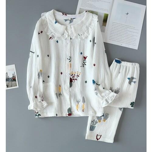 2021 Spring/Summer Fashion Pyjamas Women Cotton Crepe Long-sleeved Trousers Home Clothing Cartoon Lapel Pajamas Two Piece Set
