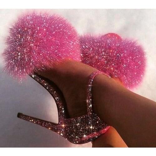 2021 Thin High Heels Summer Luxury Furry Pink Women Sandals Shinning Fur Party Bling Women Shoes Lady Footwear Large Size Female