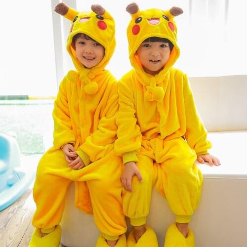 Winter Kid Pajama Children Sleepwear Boy Girl Cartoon Unicorn Stitch Panda Cat Animal Anime Pijama Flannel Kigurumi With Slipper