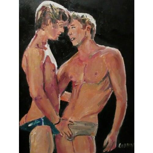 100% Hand-painted oil painting, "TWO SPEEDO GUYS" gay art, 2020