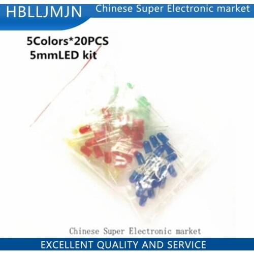 100pcs 5mm LED diode Light Assorted Kit DIY LEDs Set White Yellow Red Green Blue electronic diy kit