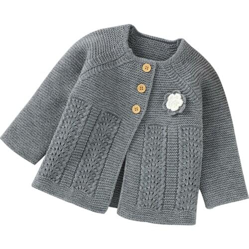 2020 New Fall Autumn Infant Baby Girls Gray Lovely Flower Single Breasted Sweater Casual Cardigan Knitted Outfits