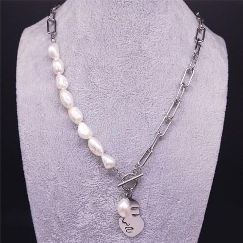 2021 Freshwater Pearls Stainless Steel Silver Color Love Face Chocker Necklace Women Fashion Jewelry bijoux femme NXH42S01