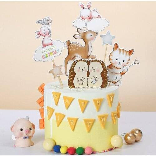 7pcs Animals Hedgehog Deer rabbit Cat Decoration Cake Toppers for Childrens Day Party Baby Happy Birthday Supplies Lovely Gifts