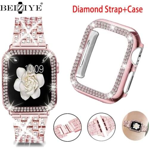 Diamond Stainless Steel Strap+Case For Apple Watch Band 42mm 38mm 40mm 44mm Women Wristband Bracelet For iwatch Series 6 SE 5 4