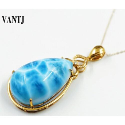 VANTJ 10K Yellow Gold Pendant Elegant Natural Blue Larimar Fine Jewelry Necklace for Women Lady Party Wedding Gift whit Box
