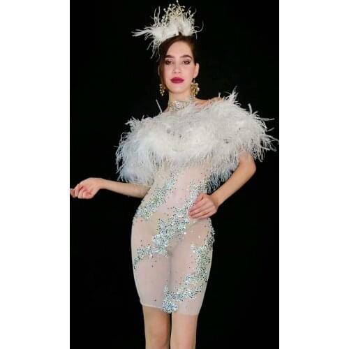 Elegant White Feather Off The Shoulder Short Dress Sparkly Rhinestones Birthday Celebrate Prom Party Night Dresses Stage Costume
