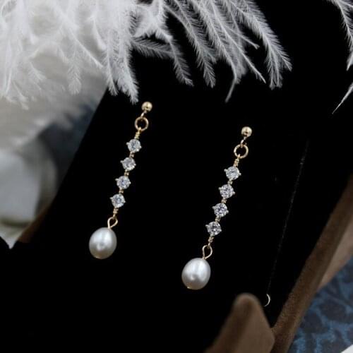14K Gold and Silver Needle Shining Zircon Fresh Water Pearl Mermaid Tears Elegant Retro Wedding Earrigns Jewelry for Women Gift