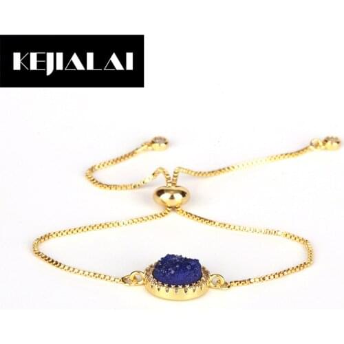 KEJIALAI Round Shape Nature Stone Charm Bracelet Adjustable Link Chain Bracelet Metal Gold Color Chain Natural Stone