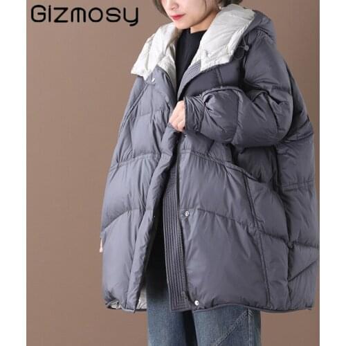 Gizmosy 2021 Women Oversize Down Jacket Winter Casual Hoodies White Duck Down Coat Female Thicked Warm Snow Parkas Loose Outwear