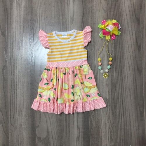 Summer Baby Girls Clothes Lemon Popsicle Print Classic Dress with Bow and Necklace