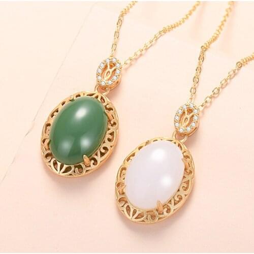 Lyvior Flower Pattern Natural Hetian White Jade Necklace Gold Hollow Inlaid Oval Jasper Pendant 2Pcs/lot Fine Jewelry for Women