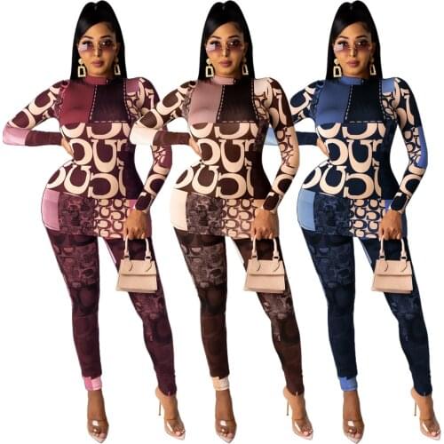 Fashion High Collar Letter Printed Two-Piece Sets Urban Casual Womens Skinny Pants Suit Street Hipster Nightclub Suit 2021