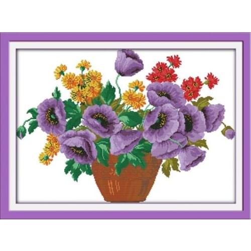 Purple potted flower cross stitch kit cartoon 14ct 11ct print canvas stitching embroidery DIY handmade needlework