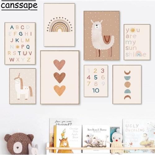 Nursery Wall Art Poster Unicorn Print Rainbow Painting Alpaca Posters Alphabet Number Prints Boho Wall Pictures Baby Room Decor